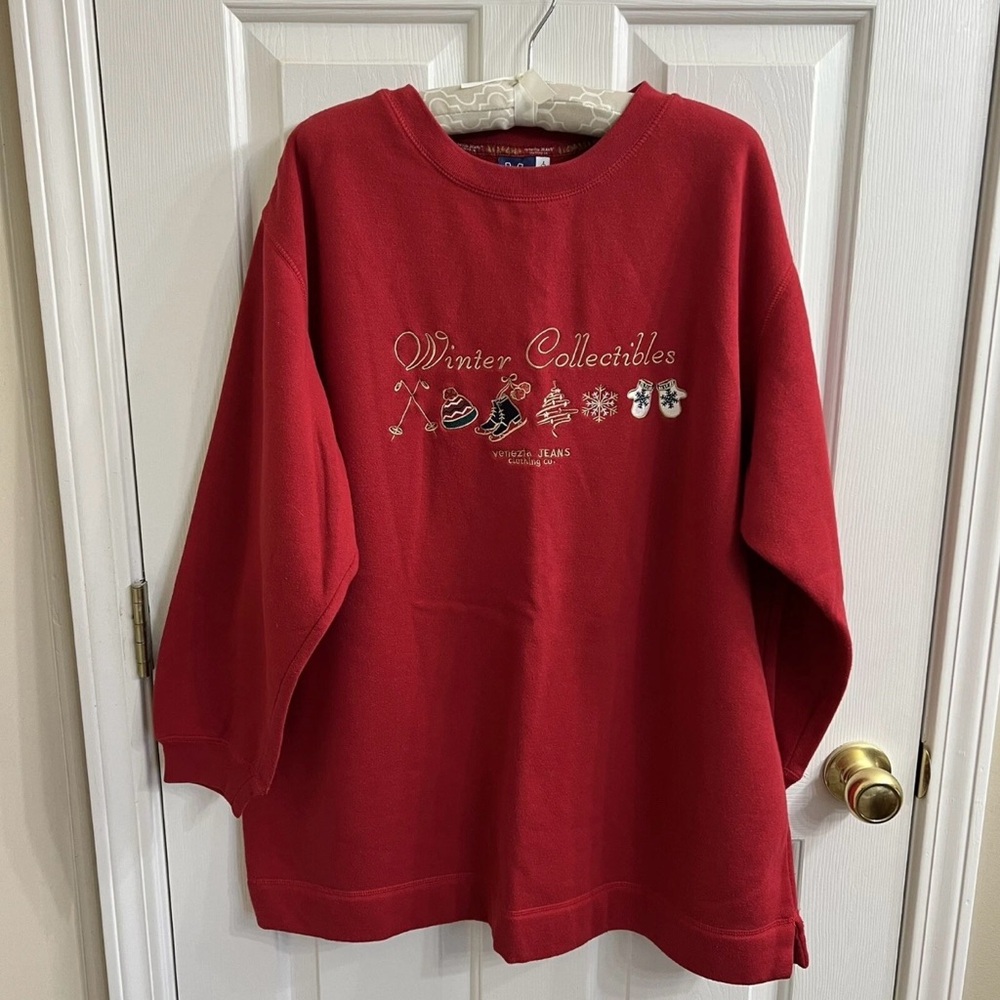 Venezia Christmas Sweatshirt Size 14/16 Red VTG Embroidered 3/4 Sleeve *Read